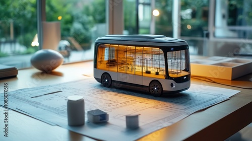 Workspace table with an autonomous bus model and surrounding conceptual design blueprints 