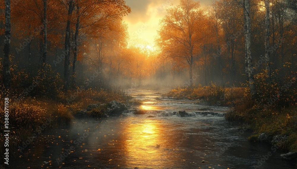 Obraz premium A river flows through an autumnal forest. The photo showcases the beauty of nature in the fall season, with the golden light reflecting off the water.