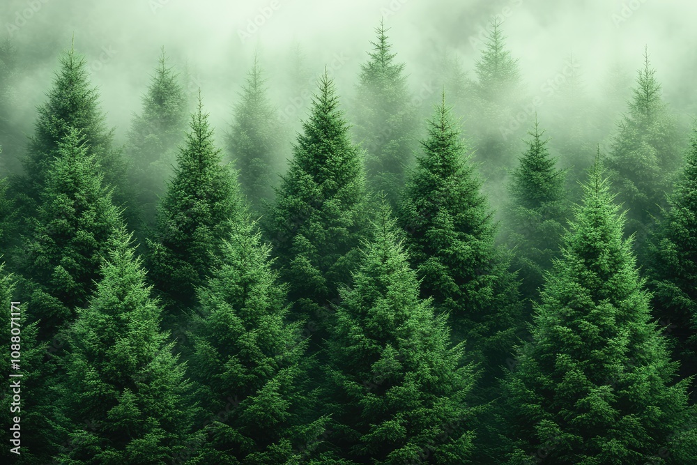 Tall evergreen trees in a misty forest. This photo is perfect for creating a calming and serene atmosphere in a design.