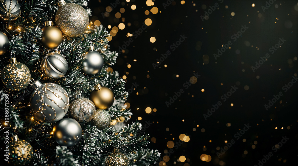 Beautiful Christmas Tree Adorned with Silver and Gold Decorations Set Against a Black Background, Perfect for Holiday Designs, Featuring Ample Copy Space for Banners and Capturing the Essence of Chris Beautiful Christmas Tree Adorned with Silver and Gold Decorations Set Against a Black Background, Perfect for Holiday Designs, Featuring Ample Copy Space for Banners and Capturing the Essence of Chris
