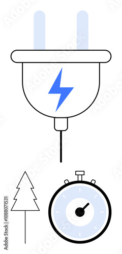 Large power plug with lightning circular timer, tree symbol. Ideal for themes energy efficiency, environmental conservation, sustainability, renewable energy, electricity, timing, ecological