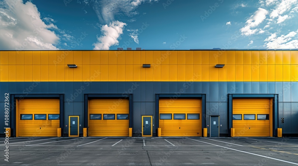 Modern warehouse with three large yellow roll-up doors. Modern warehouse with three large yellow roll-up doors.