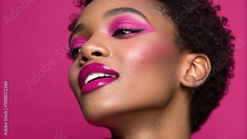 This vibrant image captures an individual with flamboyant neon magenta lipstick setting a lively tone. Their eyes are skillfully blended with matching neon magenta eyeshadow that