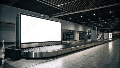 Blank Advertising Display on a Luggage Carousel in an Empty Airport Terminal at Night. Generative AI