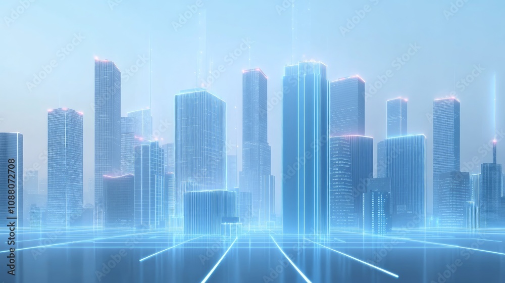 Futuristic cityscape at dawn, glowing city skyline with digital lines.