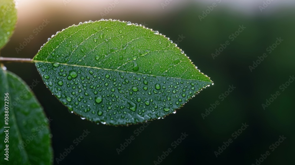 Close-up of dew-covered green leaf. Close-up of dew-covered green leaf.