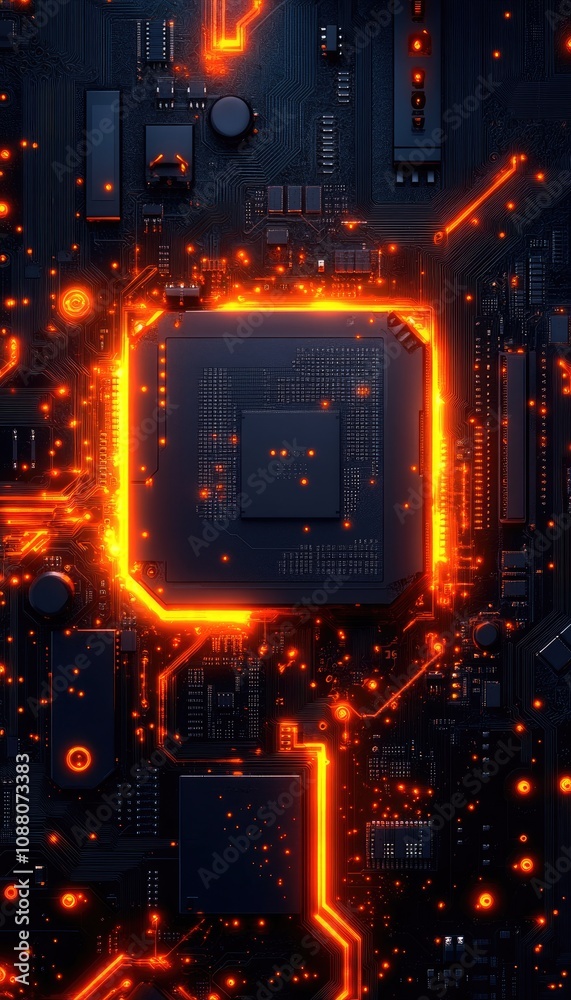 A close-up view of a circuit board with glowing orange lines. This image can be used to represent the power and complexity of technology, especially in the fields of computing and electronics. A close-up view of a circuit board with glowing orange lines. This image can be used to represent the power and complexity of technology, especially in the fields of computing and electronics.