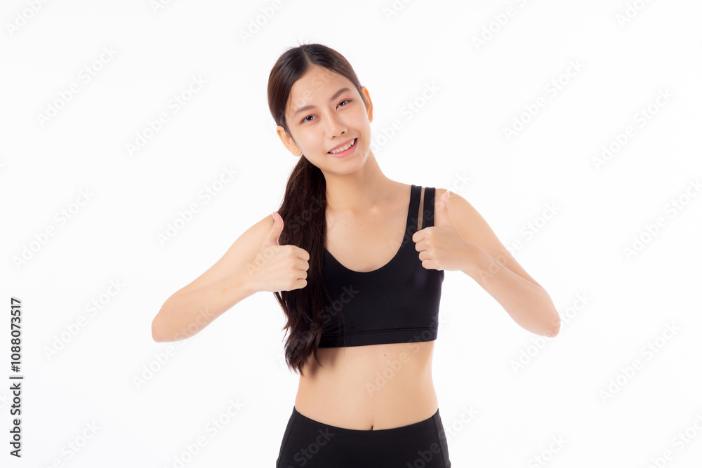 Portrait of beautiful young asian woman in sportswear gesture thumbs up with success isolated white background, sport and exercise for health, training and strength, female slimming with confident. Portrait of beautiful young asian woman in sportswear gesture thumbs up with success isolated white background, sport and exercise for health, training and strength, female slimming with confident.