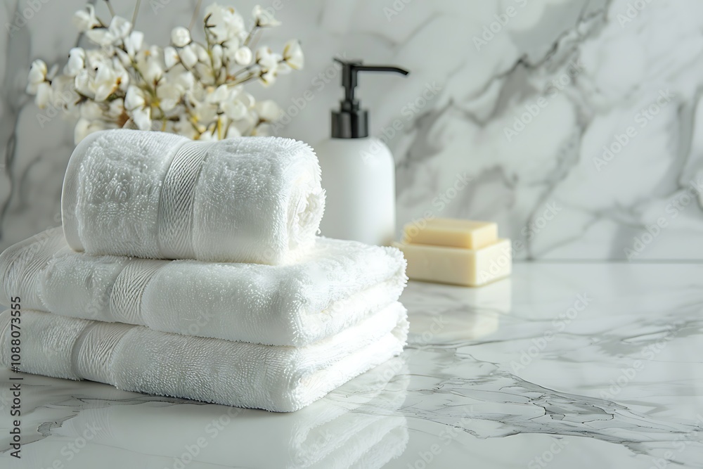 Stylish bathroom interior with towels and ceramics shampoo or soap on top marble table Stylish bathroom interior with towels and ceramics shampoo or soap on top marble table