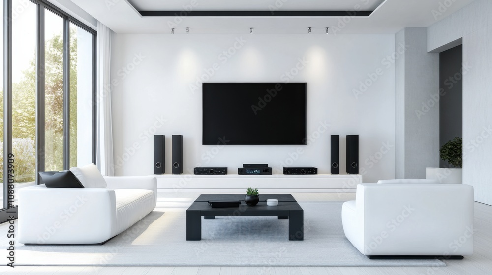 A cutting-edge AI-powered smart home entertainment system, modern living room with integrated controls for managing audio, video A cutting-edge AI-powered smart home entertainment system, modern living room with integrated controls for managing audio, video