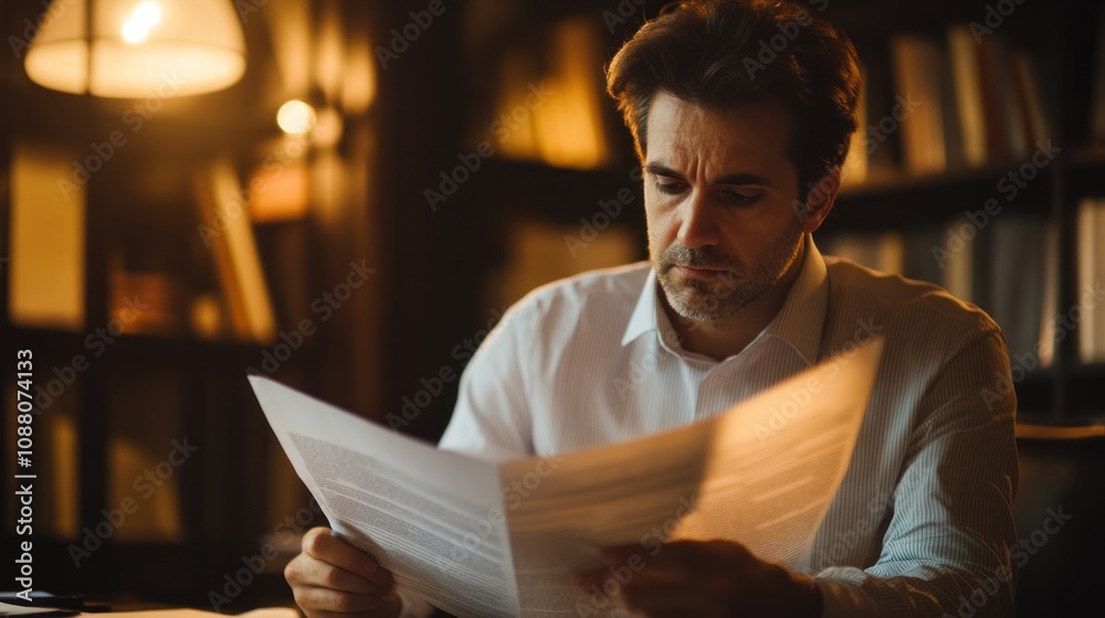 Man Reading Documents in a Study Man Reading Documents in a Study