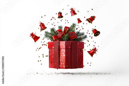 Festive Red Gift Box with Jingle Bells and Golden Glitter