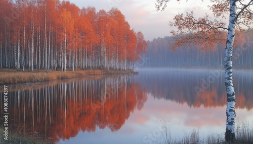 A scenic lake in autumn with birch trees. This photo depicts the beauty of nature in the fall, with the trees' vibrant colors reflected in the still water.