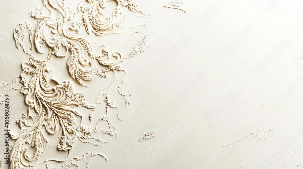 Ornate plaster design on a smooth surface, creating an elegant backdrop. Ornate plaster design on a smooth surface, creating an elegant backdrop.