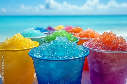 A vibrant collection of colorful cups filled with shaved ice syrup on a sunny beachside table against an ocean backdrop