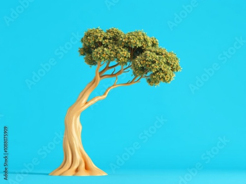 Gold colored tree standing against blue background in a three dimensional render, blue, background, vibrant photo