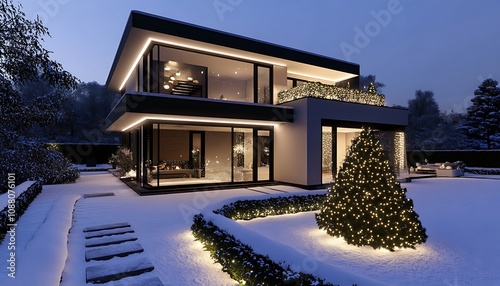 Elegant modern house with sleek Christmas lights and snowy garden path