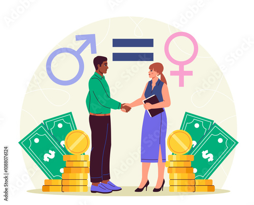 Gender equality salaries. Man and woman near banknotes and gender signs. Stop sexual discrimination. Equality and tolerance, feminism. Flat vector illustration