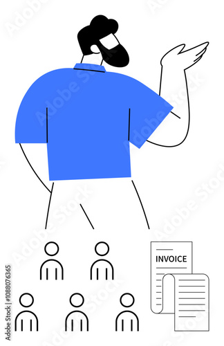 Businessman presenting to six members, invoice document. Ideal for presentations, seminars, business meetings, financial topics, accounting, leadership, teamwork Line metaphor