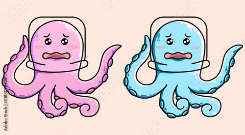 Cute colorful icon of an octopus with a glass cover on its head, colored octopus doodles