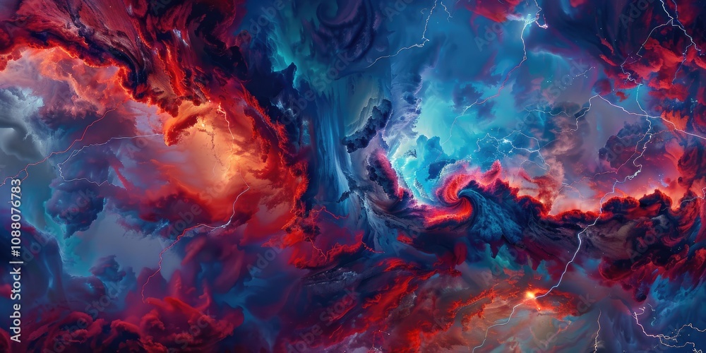 A surreal and cosmic-themed thunderstorm, with vivid red and blue clouds swirling like a nebula, pierced by dazzling lightning streaks. A surreal and cosmic-themed thunderstorm, with vivid red and blue clouds swirling like a nebula, pierced by dazzling lightning streaks.
