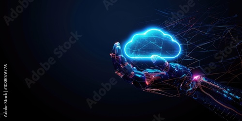 A stylized robot hand protecting a glowing digital cloud, symbolizing advanced AI in data security and storage. 