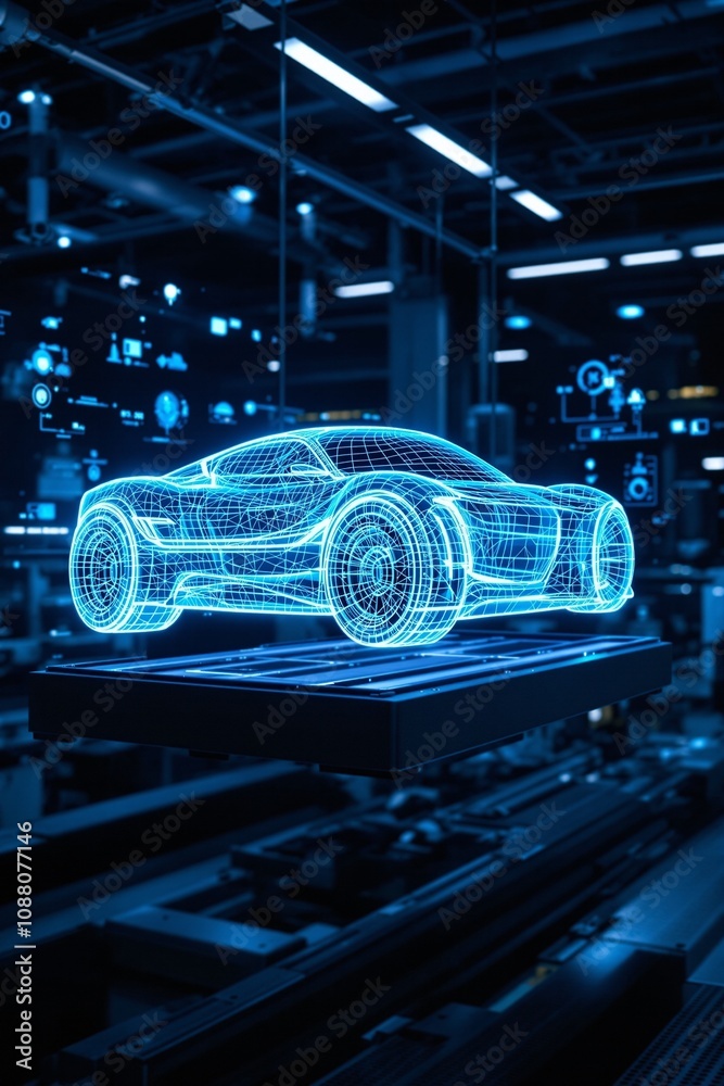 Obraz premium Futuristic 3D Holographic Car Model in High-Tech Workshop Environment
