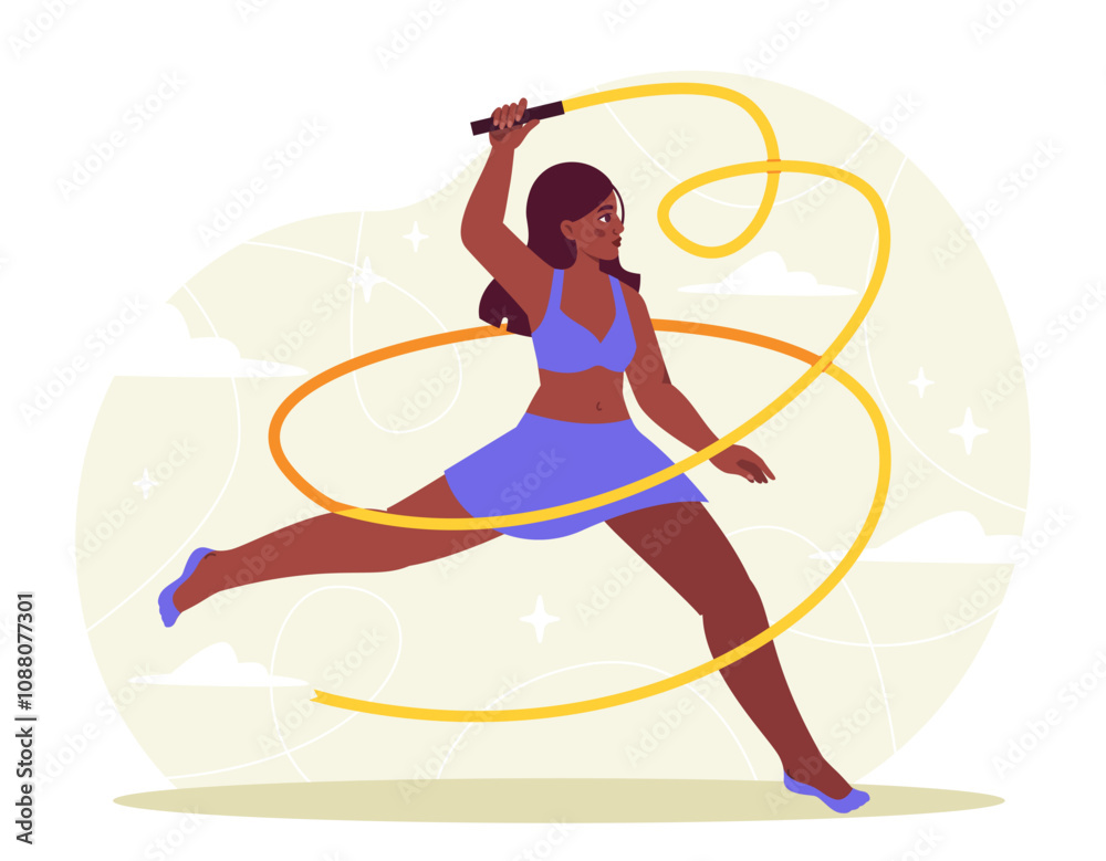 Woman with gymnastics. Young girl dancing with yellow ribbon. Active lifestyle and sports, dance. Competition and tournament. Flat vector illustration Woman with gymnastics. Young girl dancing with yellow ribbon. Active lifestyle and sports, dance. Competition and tournament. Flat vector illustration