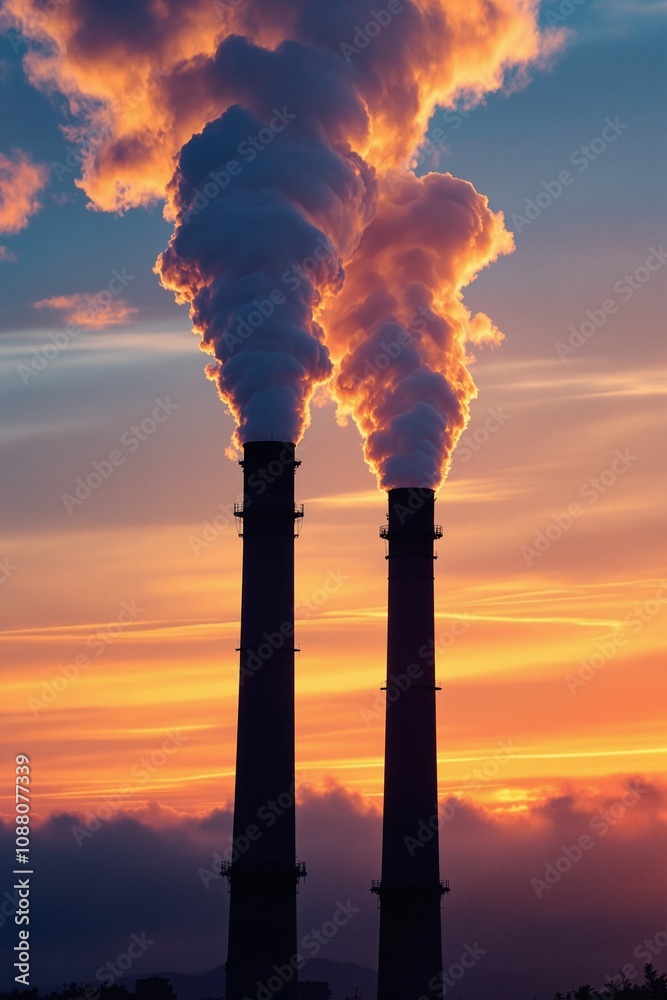 Fototapeta premium Silhouetted Power Plant Smoke Stacks Against Vibrant Sunset Sky