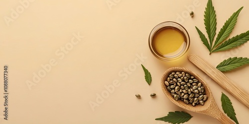 CBD oil tincture with marijuana leaves on a beige background. Cannabis seeds in a wooden spoon. Medical cannabis concept related to health and cosmetics. Minimalistic design. photo