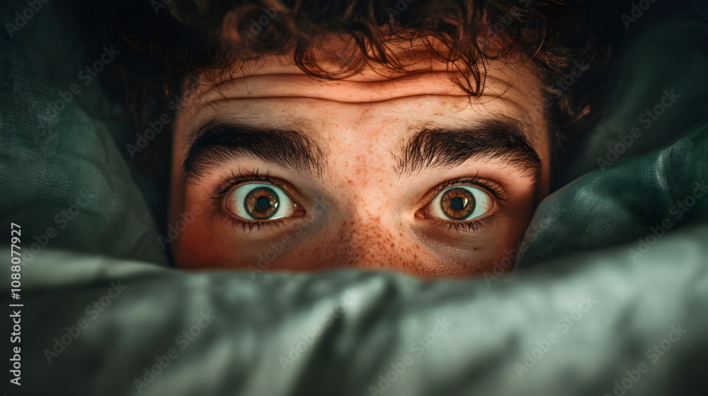 Young guy with brown eyes hides in bed at home and looks at camera covering himself with gray blanket, close-up of eyes. Amazed, surprised, scared and confused Young guy with brown eyes hides in bed at home and looks at camera covering himself with gray blanket, close-up of eyes. Amazed, surprised, scared and confused