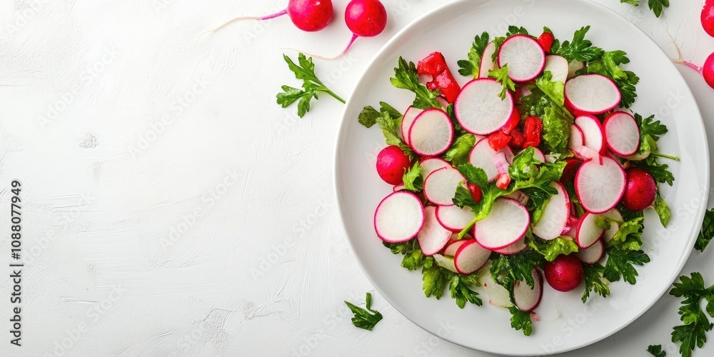 Fresh radish salad with parsley on a white background. Top view, copyspace. Spring and summer vegetable salad on a white plate. Fresh radish salad with parsley on a white background. Top view, copyspace. Spring and summer vegetable salad on a white plate.