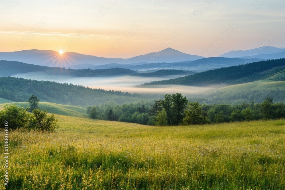 Gentle sunlight breaks through the mist, revealing rolling hills and valleys in a tranquil landscape at dawn. Generative AI Gentle sunlight breaks through the mist, revealing rolling hills and valleys in a tranquil landscape at dawn. Generative AI