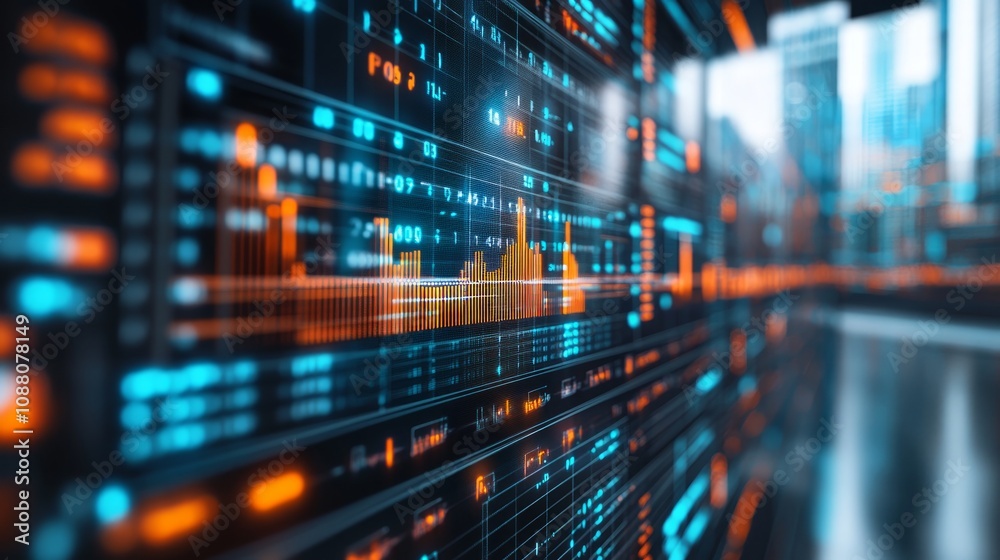Futuristic digital interface with data graphs and city background. Futuristic digital interface with data graphs and city background.