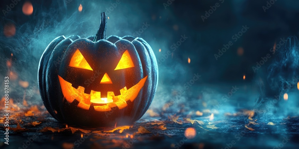 Naklejka premium Halloween Jack O' Lantern - A lit and carved pumpkin with an area for copy.