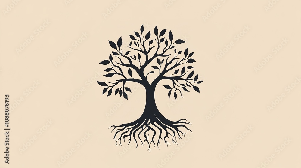 Obraz premium Tree logo with roots and branches symbolizing growth, nature, and life, ideal for eco-friendly brands, nature-themed designs, and sustainability projects.