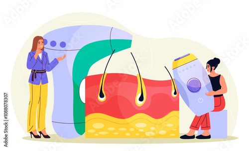 Women with hair removal method. Young girls with laser and electric razor near dermis with hair. Cosmetology and dermatology. Flat vector illustration