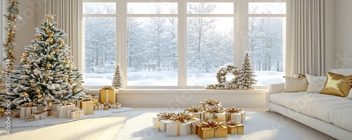 Minimalist holiday living room with white and gold Christmas decor and snowy window views