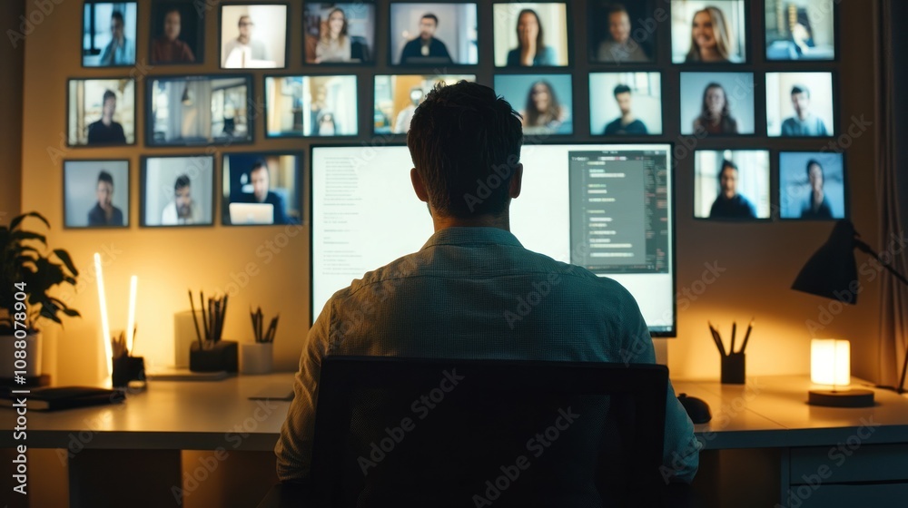 Man Working on Computer with a Video Conference Call on the Wall Man Working on Computer with a Video Conference Call on the Wall