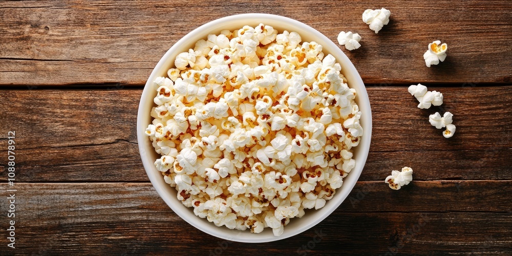 delicious popcorn in a white bowl from above delicious popcorn in a white bowl from above