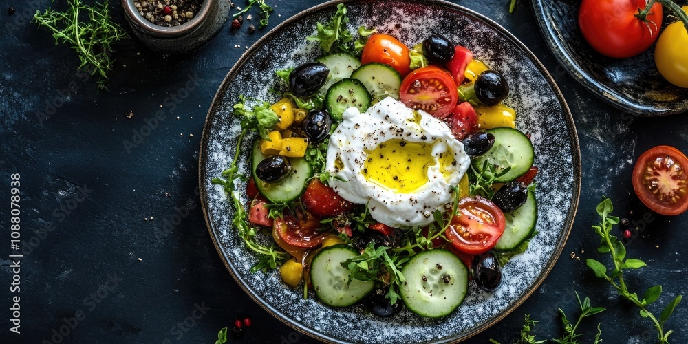 Greek salad featuring fresh cucumber, tomato, burrata cheese, and black olives drizzled with olive oil. Healthy food. Top view, flat lay. Greek salad featuring fresh cucumber, tomato, burrata cheese, and black olives drizzled with olive oil. Healthy food. Top view, flat lay.