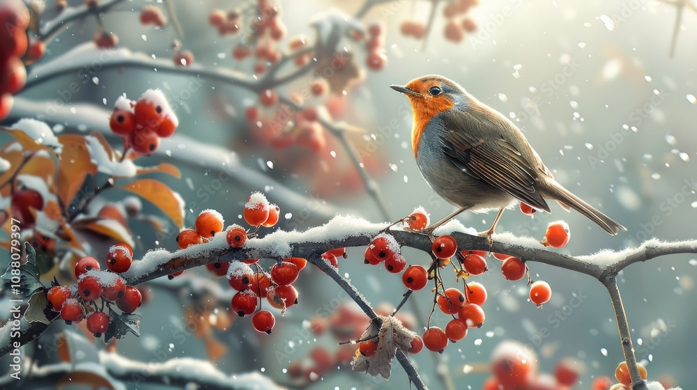 Robin redbreast perched on snow-covered branch with red berries, winter scene.