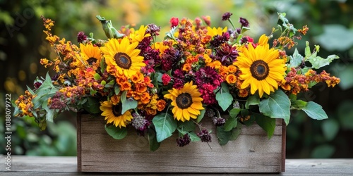 Vibrant autumn flower arrangement featuring sunflowers in a wooden box.