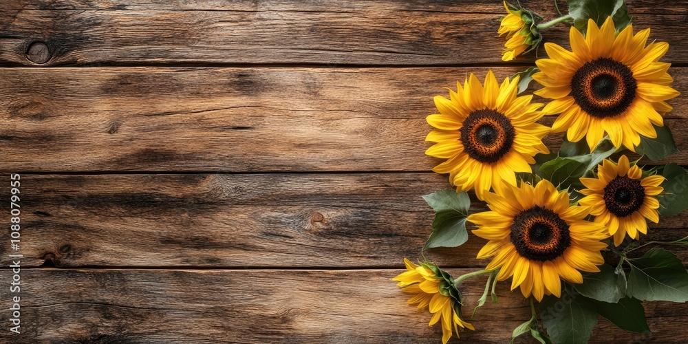 Obraz premium Sunflowers on a wooden surface, copy space.