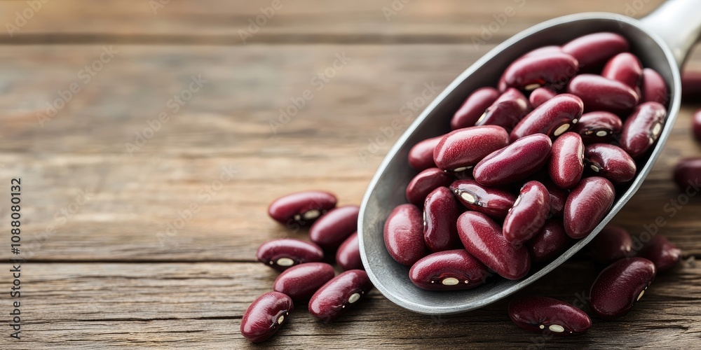 Red kidney beans in a scoop on a wooden table against a white background. Red kidney beans in a scoop on a wooden table against a white background.