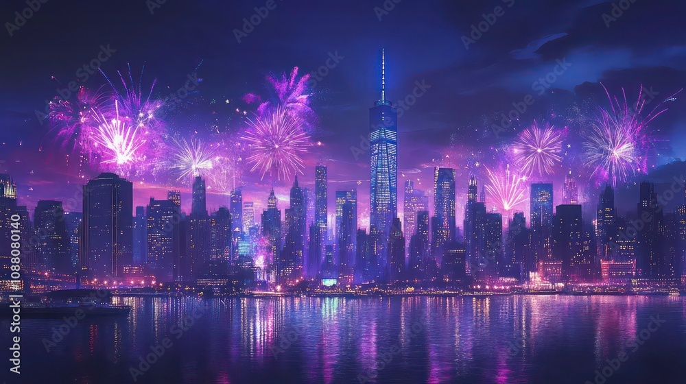 Fototapeta premium Timeless Celebration: Midnight Majesty Unveils a Dazzling Cityscape with Fireworks