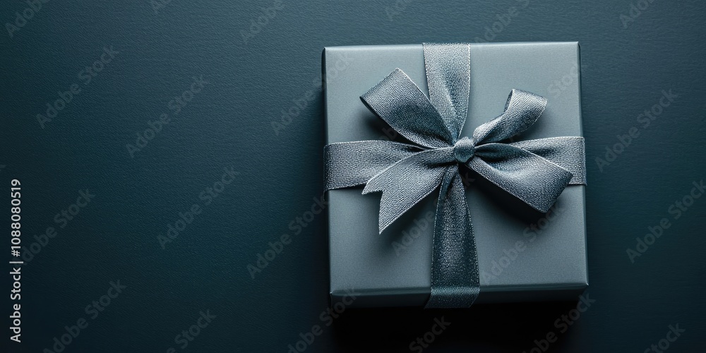 Large gift, grey box with an elegant bow on a dark background with copy space. Large gift, grey box with an elegant bow on a dark background with copy space.