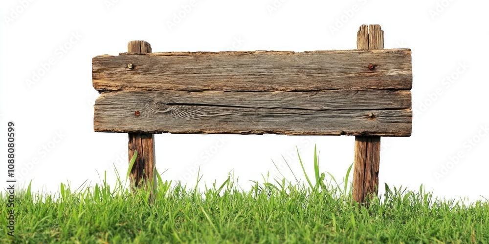 Wooden sign isolated against a white background. Old wooden planks sign placed on green grass. Wooden sign isolated against a white background. Old wooden planks sign placed on green grass.