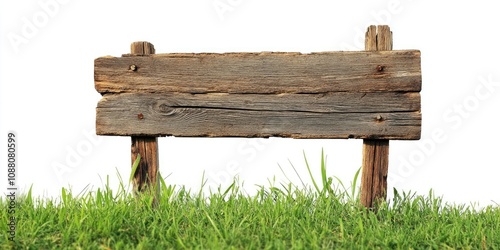 Wooden sign isolated against a white background. Old wooden planks sign placed on green grass. photo