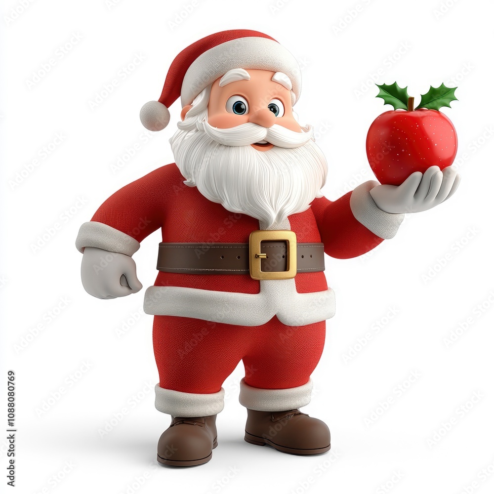 Jolly Santa Claus Cartoon Character Holding a Red Apple Jolly Santa Claus Cartoon Character Holding a Red Apple